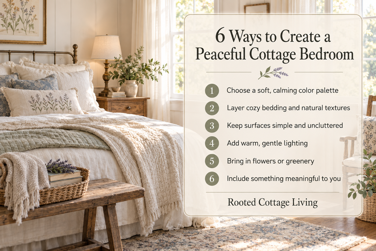 Six ways to create a peaceful cottage bedroom: choose a soft calming color palette, layer cozy bedding and natural textures, keep surfaces simple and uncluttered, add warm gentle lighting, bring in flowers or greenery, and include something meaningful to you.