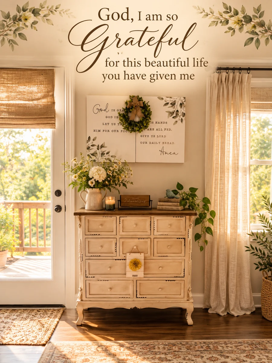 A cozy cottage cabinet vignette with a prayer of gratitude for a beautiful life