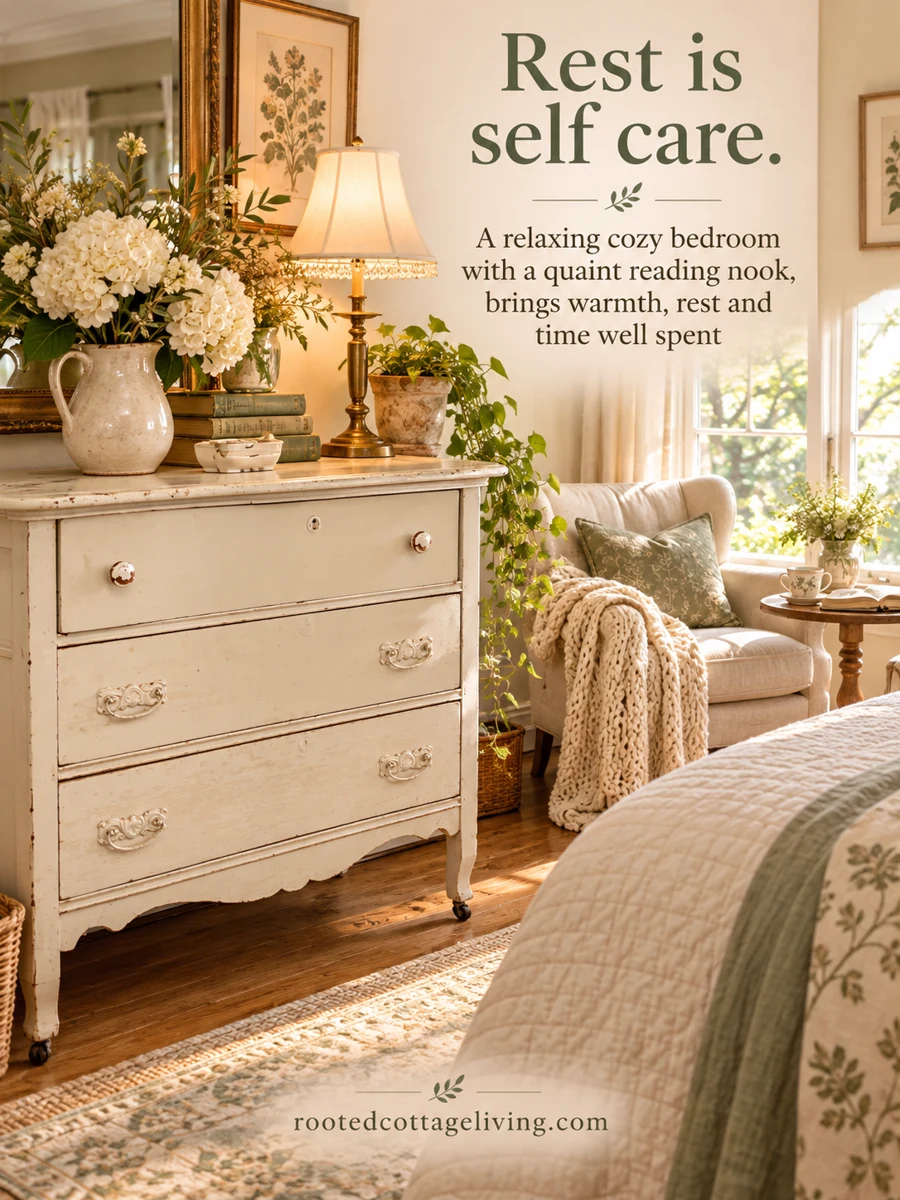 A restful cottage bedroom with an antique dresser, reading nook, and a reminder that rest is self care