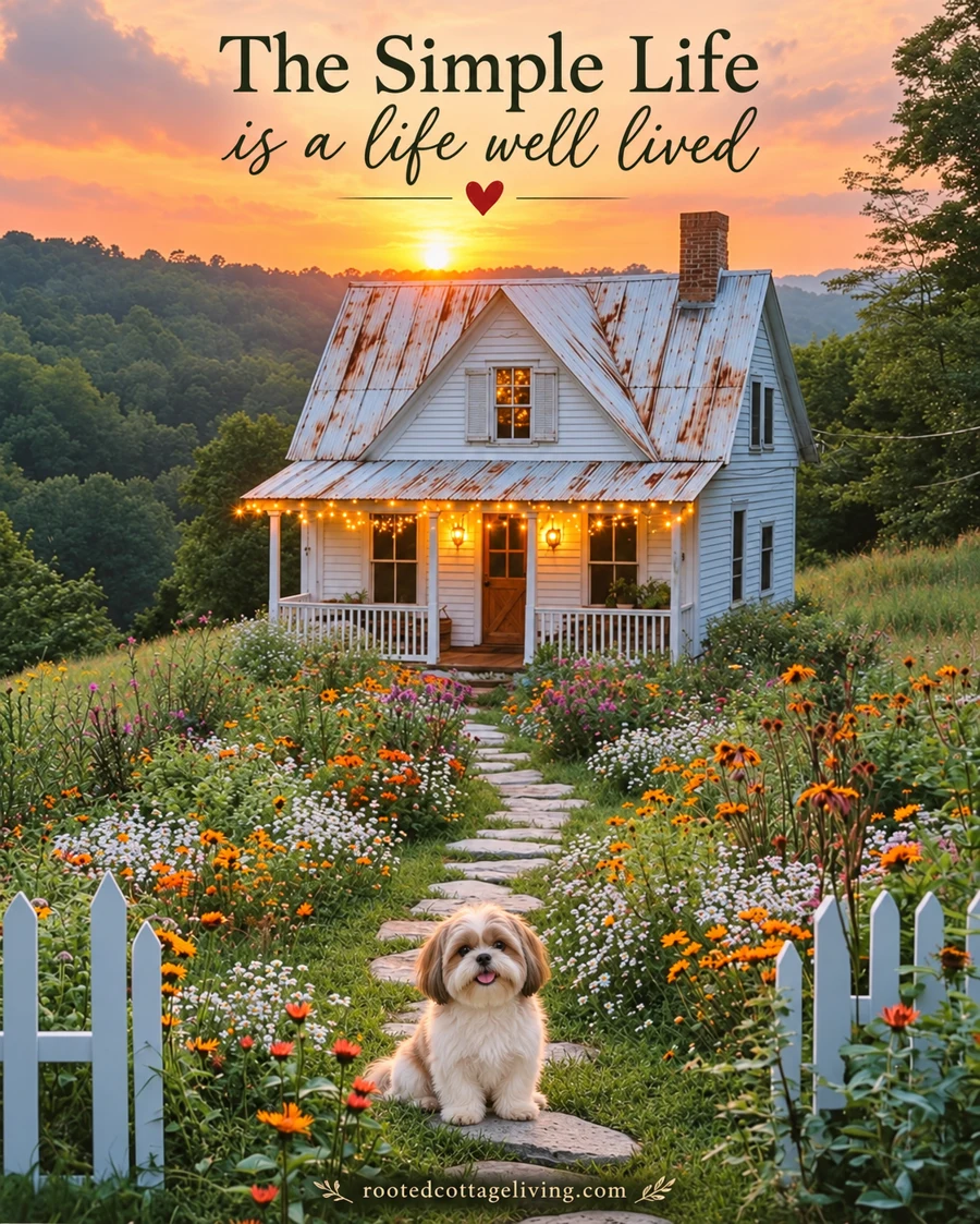 A Shih Tzu on a flower-lined path to a sunset cottage, with the quote The Simple Life is a life well lived