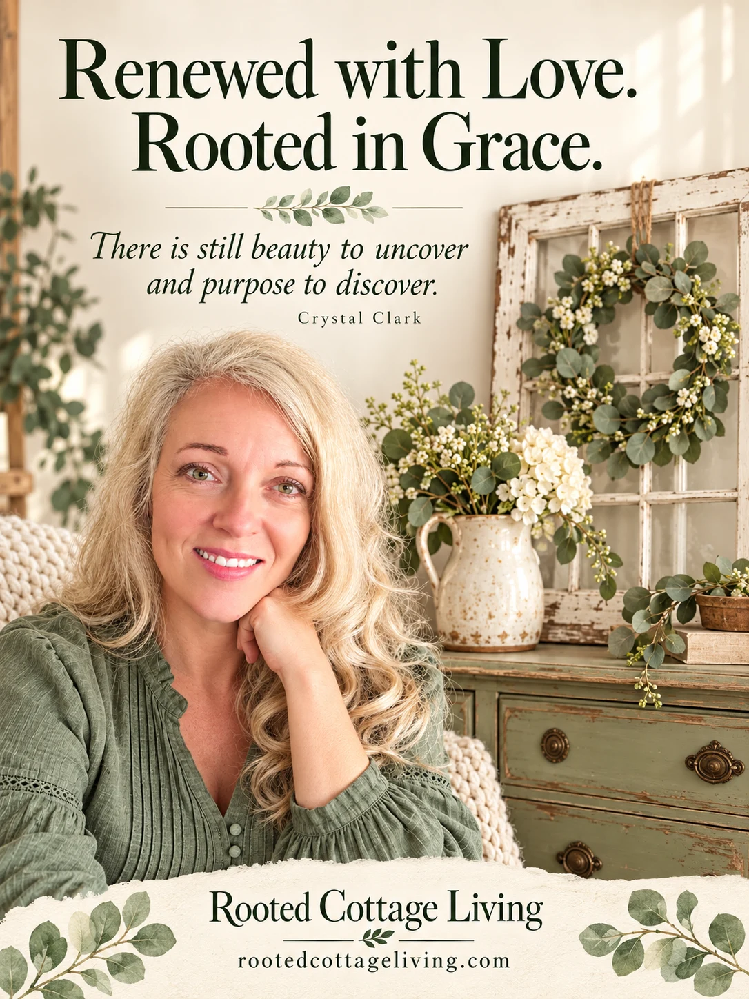 Crystal beside a restored sage dresser and an old window repurposed as cottage décor, with the words Renewed with Love. Rooted in Grace.